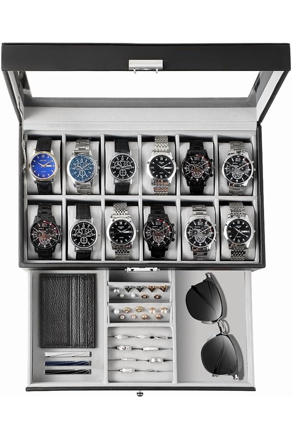 Professional 12 Slot Watch Box with Versatile Jewelry Drawer, Premium PU Leather Watch Display Organizer for Men and Women, Large Real Glass Top Watch Collection Case with Soft Interior, Black