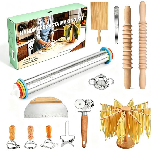 Professional 13 count Pasta Making Tools Set,Including Stainless Steel Adjustable Rolling Pin, Pasta Drying Rack, Ravioli Mold , Pasta Maker Kit for Homemade Fettuccine, Lasagna, Gnocchi, Dumpling