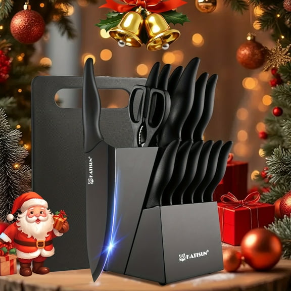 Professional 15-Piece Black Kitchen Knife Set with Wood Block, Chef Knife, Cutting Board & Shears. Non-Slip ABS Handle. Ideal for Home & Restaurant. Perfect Thanksgiving, Christmas & New Year Gift.