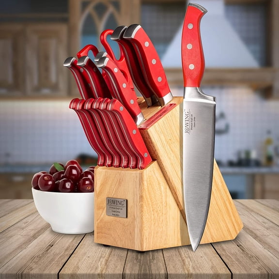 Professional 15-Piece German High Carbon Stainless Steel Kitchen Knife Set, Ocean Series Premium Forged Full Tang Chef Knives with Rubber Wood Block, Red