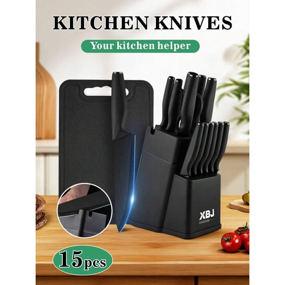 Professional 15-Piece Kitchen Knife Set with Block and Sharpener, High Carbon Stainless Steel Chef Knives, Non-Slip Forged Triple Rivet Handle, Black