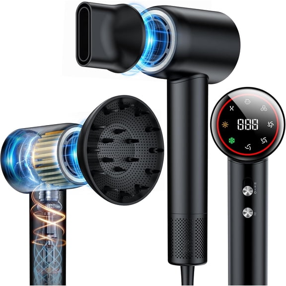 Professional 160,000 RPM High-Speed Ionic Hair Dryer with LCD Digital Display, 1500W Fast Drying Blow Dryer with Intelligent NTC Heat Control, 200 Million Negative Ions, Magnetic Nozzles, Grey