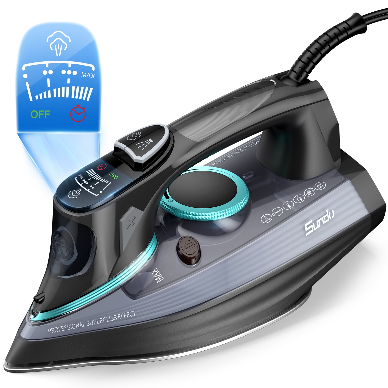 Sunbeam Professional 1700W Digital Steam Iron, Multi-Color LCD Display  Screen, Retractable Cord, Black and Red Finish 