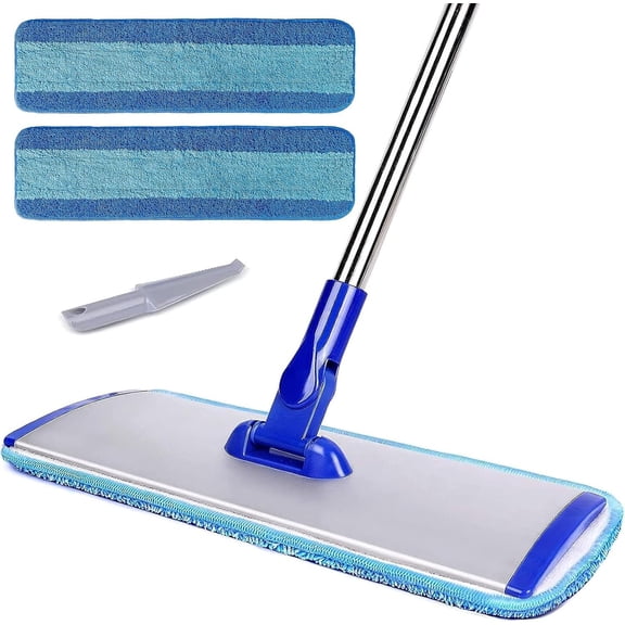Professional 18" Microfiber Mop - Flat Mop with Stainless Steel Handle, 2 Washable Pads, Hardwood & Laminate (Blue)