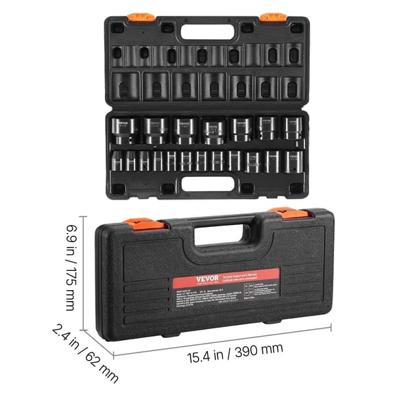 Professional 19-Pc 1/2" Impact Socket Set, SAE 6-Point Hex Sockets (3/8"-1.5"), Cr-Mo Alloy for Torque & Durability