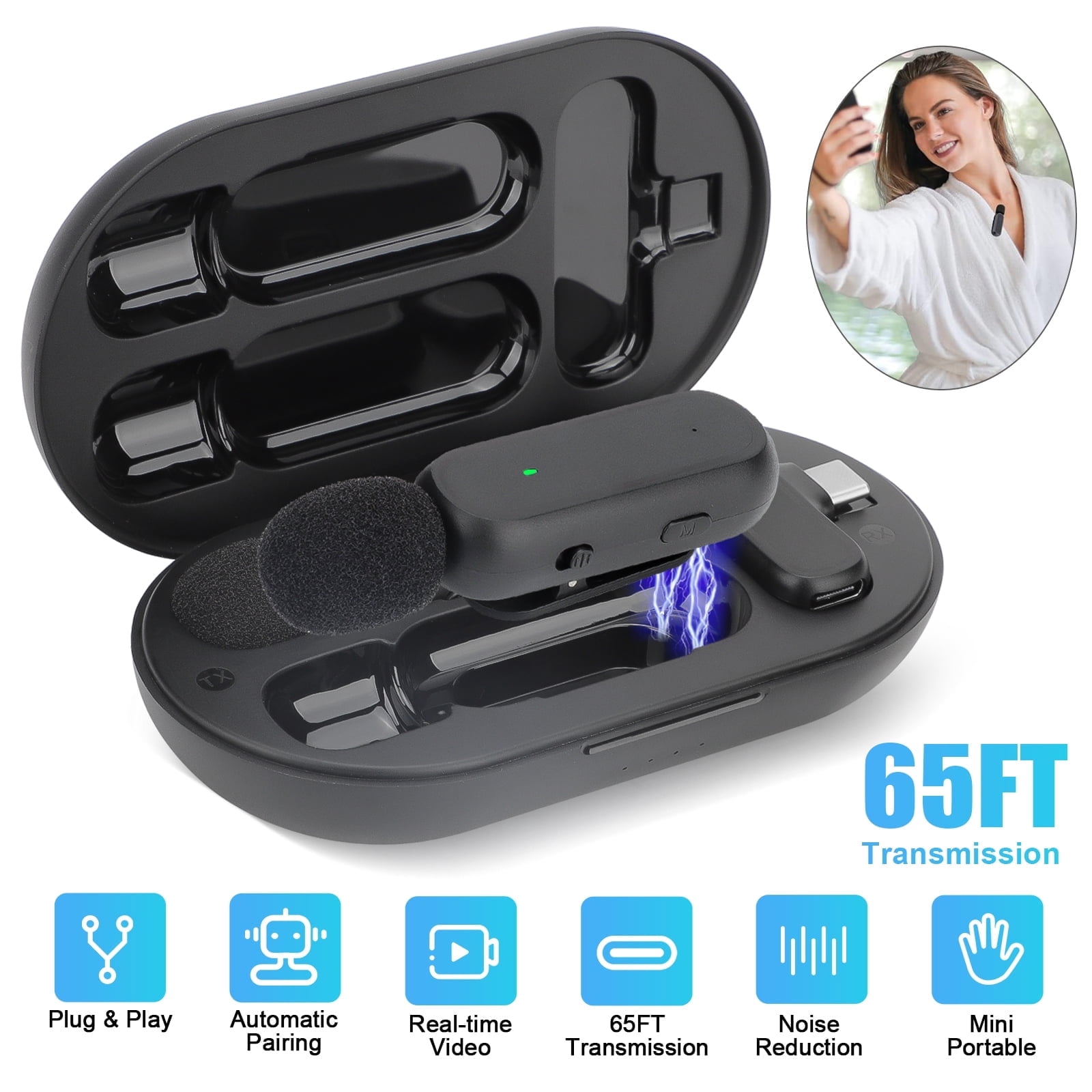 Professional 2.4GHz Dual Wireless Lavalier Microphone Kit w/Charging Case - Noise Cancelling Clip Mic for Android, Type-C Phones, Live Streaming, YouTube Videos