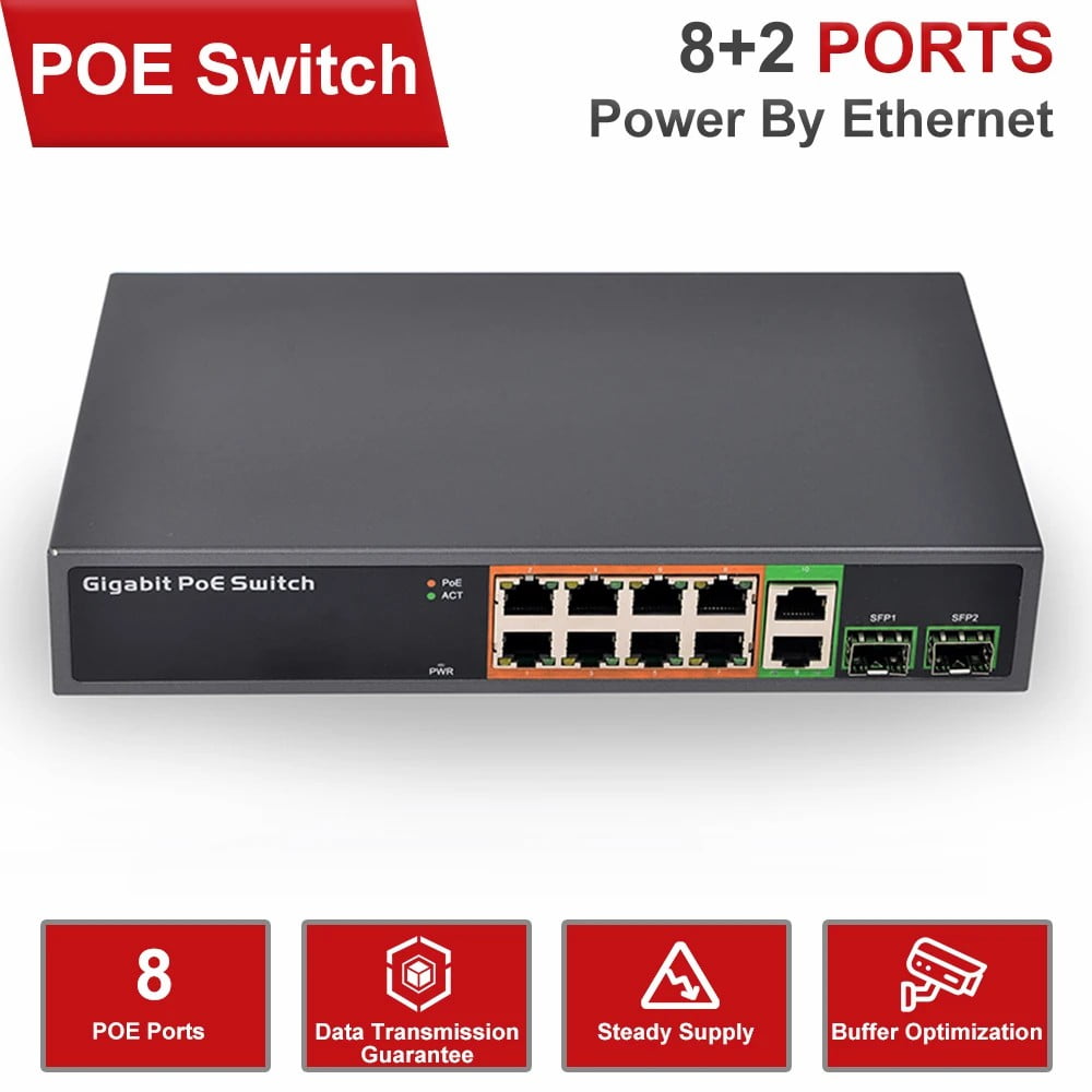 Professional 2+8 Ports 100/1000Mbps PoE Switch 48V 1A Power over Ethernet IEEE802.3af/at Network Switch For CCTV IP Camera