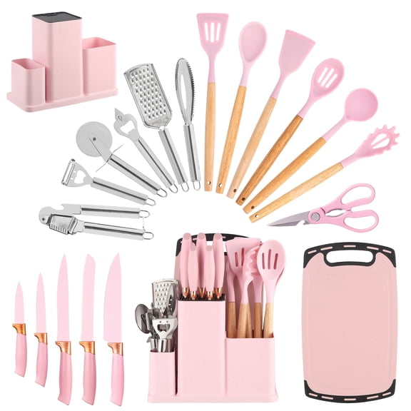 Professional 20-Piece Kitchen Essentials Set, Silicone Utensils & Stainless Steel Knife Set, Heat Resistant Cooking Tools with Natural Wood Handles, Includes Organizer Stand, Pizza Cutter & Grater