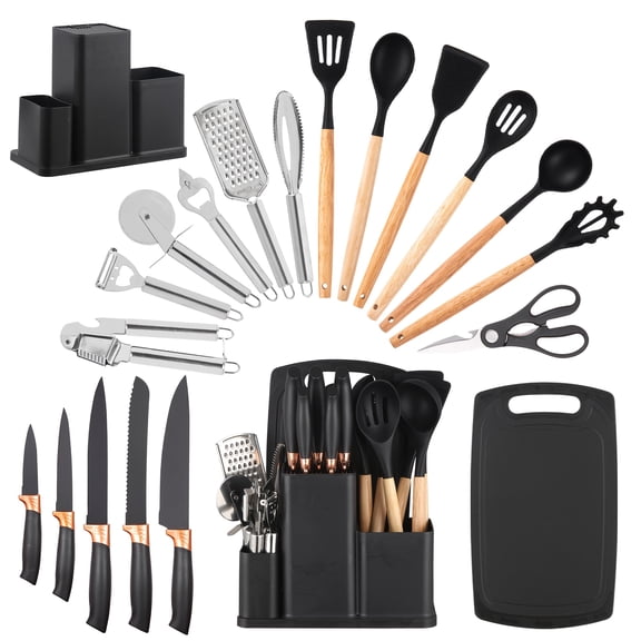 Professional 20-Piece Kitchen Essentials Set, Silicone Utensils & Stainless Steel Knife Set, Heat Resistant Cooking Tools with Natural Wood Handles, Includes Organizer Stand, Pizza Cutter & Grater
