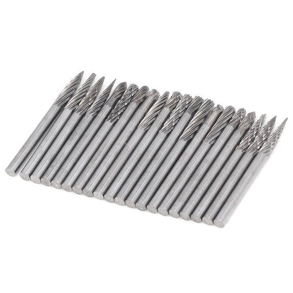 Professional 20-Piece Tungsten Carbide Burr Set with 1/8 inch / 3 mm Shank, High-Performance Cone End Mill Cutter Bits for Precise Grinding, Woodworking, and DIY Metal Carving