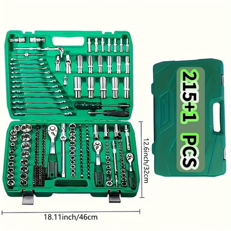 Professional 215+1 52+1 PCS Mechanic Tool Set, 1 4" 3 8" 1 2" Drive Socket Ratchet Wrench Kit, Torque Wrench Included, Complete Repair Tools for Car, Bike Household Use