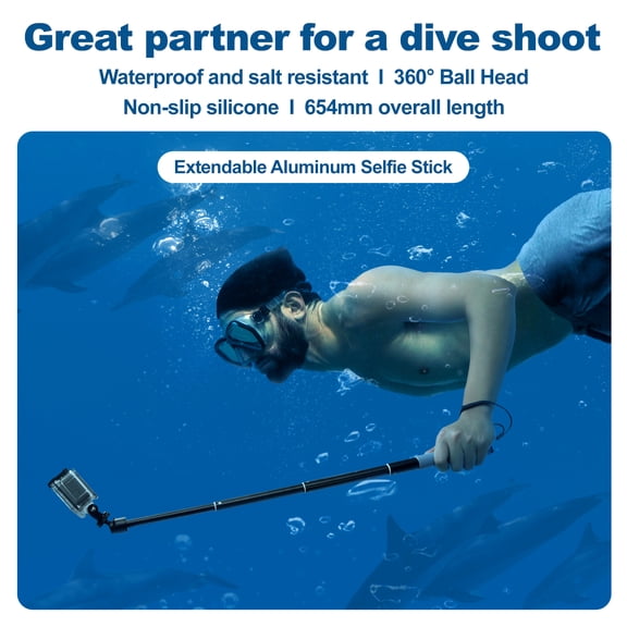 Professional 25.7" Telescoping Selfie Stick Monopod (23.2-65.4 cm) Anti-Rust Aluminum Alloy Handheld Extension Rod Compatible with Action Cameras, GoPro Hero 12/11/10 & Insta360 X3