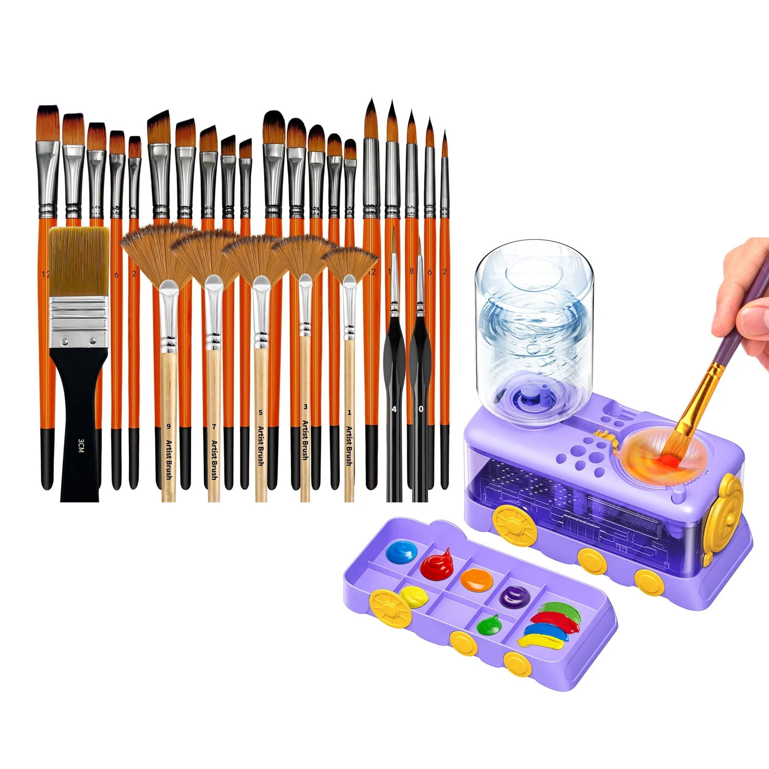 Professional 29-Piece Art Set: Train-Shaped Automatic Water-Cycle Paint Brush Cleaner with Palette and 28 Premium Nylon Paintbrushes for Kids, Students, and Artists