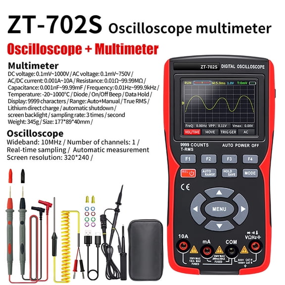 Professional 2in1 Digital Oscilloscope Multimeter 10MHz Bandwidth & 48MSa/s Real-Time Sampling Rate, 2.8 inches / 7.1 cm True RMS IPS Color Display 9999 Counts Multi-Functional Handheld Tester