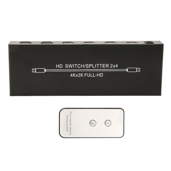 Professional 2x4 HD Multimedia Interface Splitter, 2 in 4 Out HDMI Switcher Box with Wireless Remote Control & US Power Adapter, Supports Ultra HD 4K 2K at 60Hz (7.87 x 5.91 in / 20.0 x 15.0 cm)