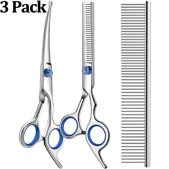 Professional 3 in 1 Dog Grooming Scissors Kit with Safety Round Tips,Sharp & Durable,Dog Shears for Grooming - Includes Straight, Curved, Thinning Scissors and Comb - Premium Pet Supplies