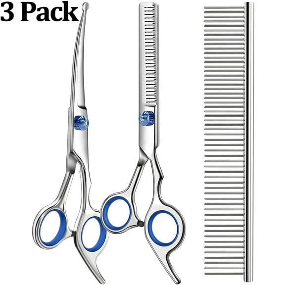 Professional 3 in 1 Dog Grooming Scissors Kit with Safety Round Tips,Sharp & Durable,Dog Shears for Grooming - Includes Straight, Curved, Thinning Scissors and Comb - Premium Pet Supplies