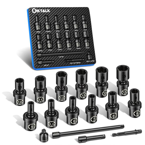 Professional 3/8" Drive Universal Impact Swivel Socket Set, 19-Piece Metric Wobble Socket Set (8-22mm) with Extensions Bars & Socket Adapters, Drill Bit Adapter, Cr-Mo Steel