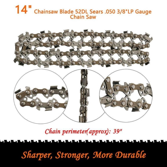 Professional 3/8" lp chainsaw chain, 52 drive links 14" guide bar length, high-quality steel construction for efficient wood cutting, approximately 39 inches