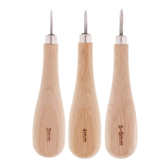 Professional 3 Pcs/Set Leather Tool Wood Handle Steel Straight Awl For Leathercrafts Sewing Supplies