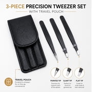 3 Piece Stainless Steel Tweezer Set with Travel Case, Slant, Pointed and Flat Tweezers for Grooming, TIKA