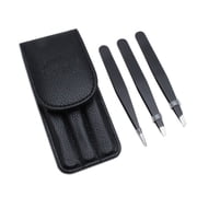 3 Piece Stainless Steel Tweezer Set with Travel Case, Slant, Pointed and Flat Tweezers for Grooming, TIKA