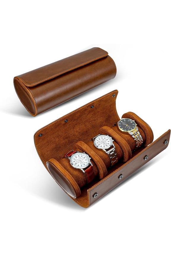 Professional 3-Slot Leather Watch Travel Case with Removable Pillows, Portable Watch Roll Organizer for Storage and Display, Secure Handheld Watch Holder for Men and Women, Vintage Brown