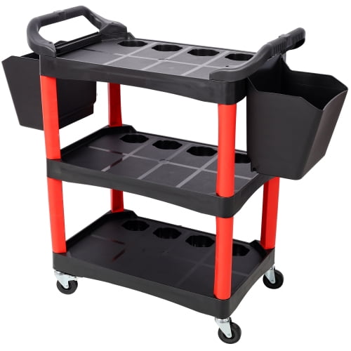 Professional 3-Tier Detailing Cart with 2 Bucket Holders, Rolling Auto Detail Cart for Detailing, Garage Workshop, Mobile Tool & Chemical Storage (Red & Black)