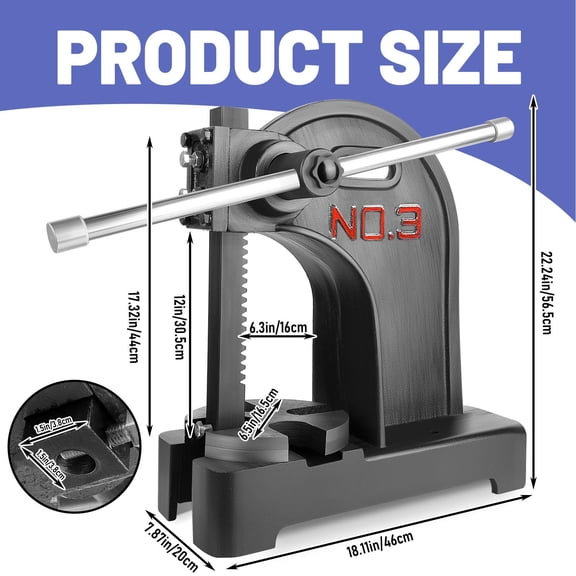 Professional 3-Ton Manual Arbor Press, Max Height 22.24", Heavy-Duty Cast Iron Desktop Hand Press for Precision Stamping, Bending, Stretching & Forming Tasks