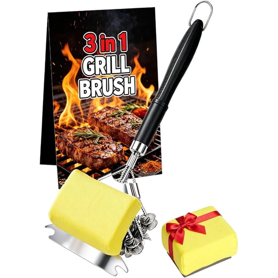 Professional 3-in-1 Grill Brush and Scraper with Safety Second Sweep Sponges - 18" Detachable Long Handle BBQ Cleaner for Heavy Duty Grime - Ideal Father's Day Grilling Gift for Men (Black)