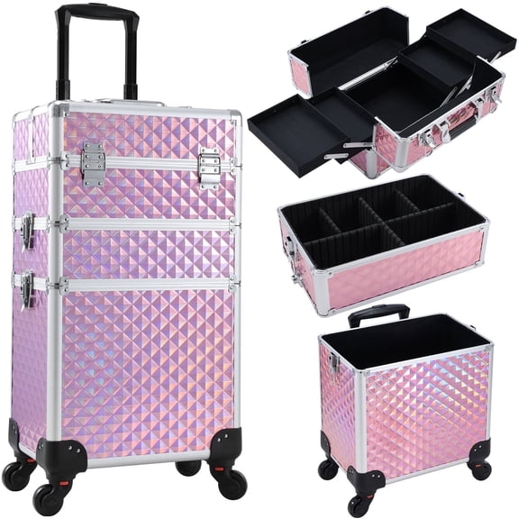 Professional 3 in 1 Rolling Makeup Train Case Large Cosmetic Trolley Box Lockable Salon Barber Case, Pink