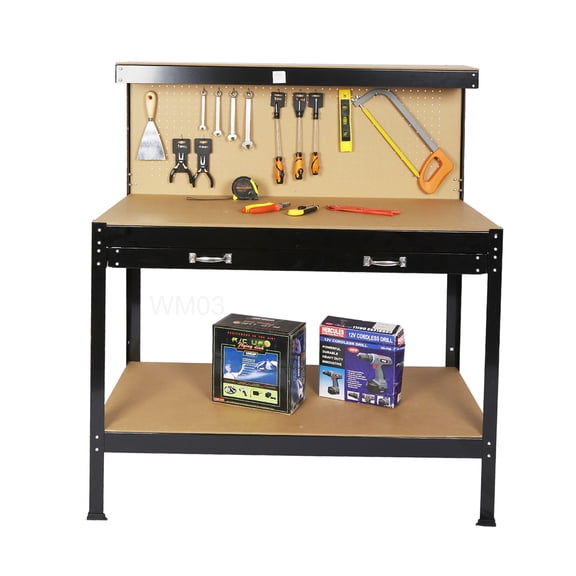 Professional 300Lbs Capacity Workbench, Black Steel Frame with MDF Top & Tool Organizer for Garage