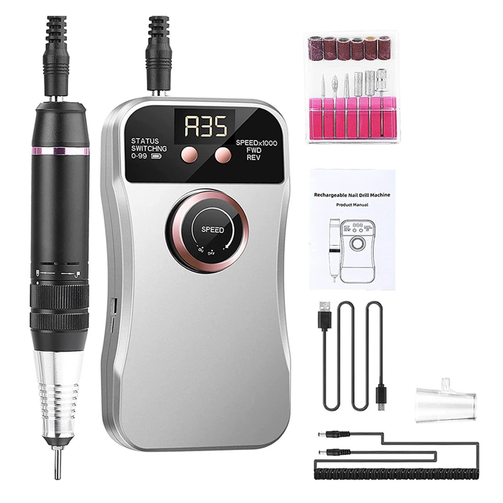 Professional 35000RPM Electric Nail Drill Machine for Acrylic Nails USB Portable Nail Manicure Pedicure for Remove Gel Polishing ,Low Noise