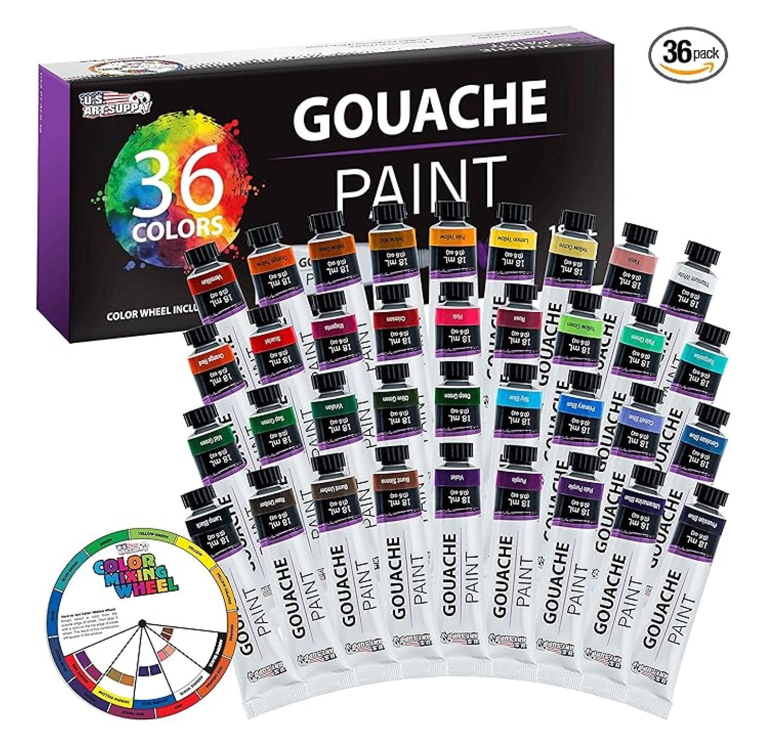 Professional 36-Color Gouache Paint Set in Large 18ml Tubes & Color Mixing Wheel - Gouache Paint Tubes for Artists, Students, Beginners