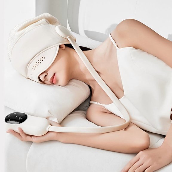 Professional 360-Degree Air Compression Head and Eye Massager Helmet with Heat, Smart Multi-Zone Relaxation System for Stress Management, Rechargeable Wellness Device with Music, White