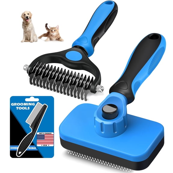 Professional 3PCS Self Cleaning Slicker Brush & Pet Grooming Rake & Flea Comb for Dogs,Cats and Horses | Double-Sided Dematting Comb & Skin Friendly Deshedding Grooming Tool | Pet Supplies