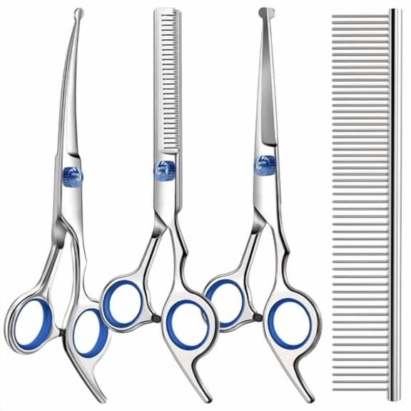Professional 4 in 1 Dog & Cat Grooming Scissors Kit with Safety Round Tips,Sharp & Durable,Dog Shears for Grooming - Includes Straight,Curved,Thinning Scissors and Comb - Premium Pet Supplies