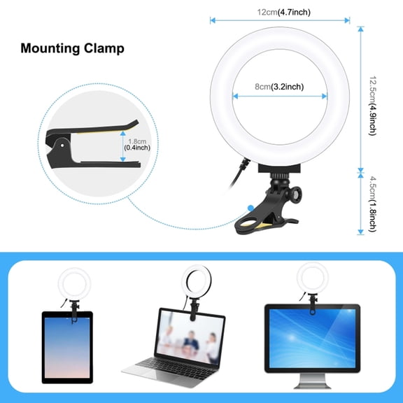 Professional 4.7 Inch USB Curved Ring Light 3 Color Temperature 10 Brightness Levels Dimmable LED Circle Fill Light Video Webcam Conference Webcam Clip On Lamp 12cm