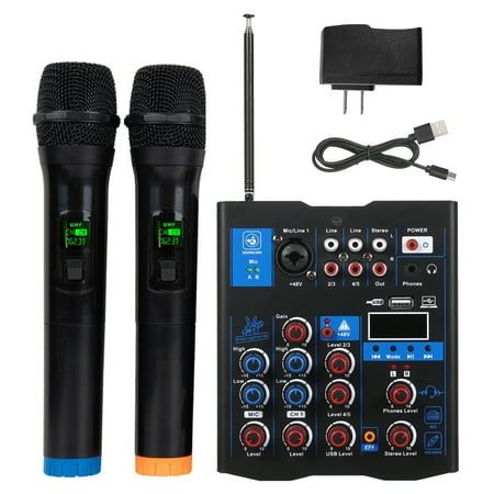 Professional 4-Channel Audio Mixer with Dual Wireless Microphone, Sound Board Console System, Ideal for DJ, Karaoke, PC, Guitar, and Speaker Use