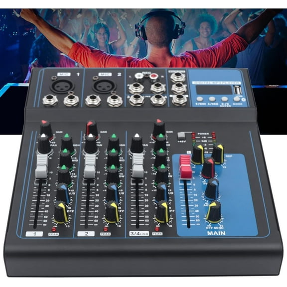 Professional 4-Channel Mixing Console Audio Mixer Sound Board Bluetooth USB Live Studio Mixer with USB Drive for PC Recording,48V Phantom Power Stereo DJ Studio Streaming