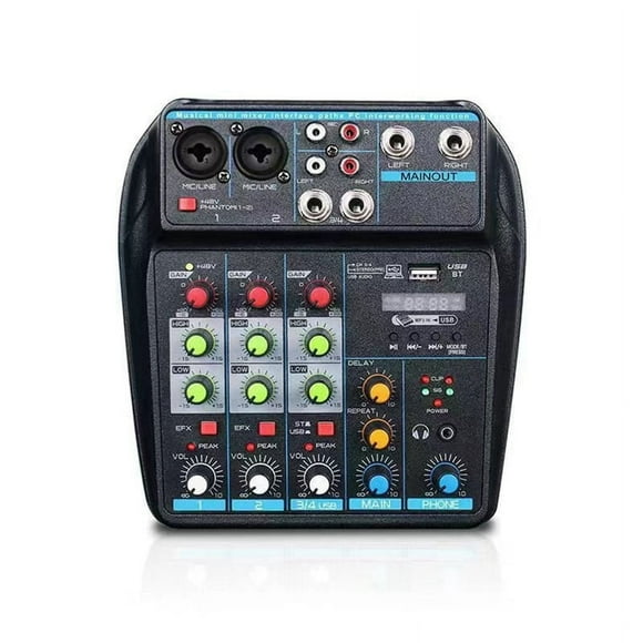 Professional 4-Channel USB Audio Mixer Console with Bluetooth, Recording Capabilities for DJs and PC Mixing