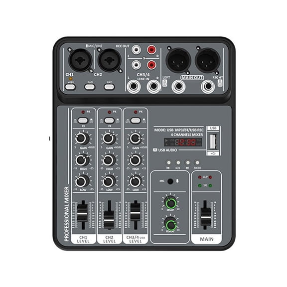 Professional 4 Channel USB Mixer Travel Mixing Console 48V Power for Home Studio, Meeting, and Live Event