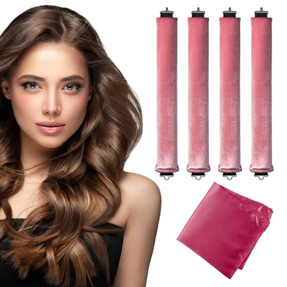 Professional 4 PCS Heatless Curling Rod Set with Non-Slip Velvet Surface, Soft Foam Hair Rollers for Natural Overnight Sleeping Curls, Damage-Free DIY Styling Kit with Satin Hair Scarf, Brown