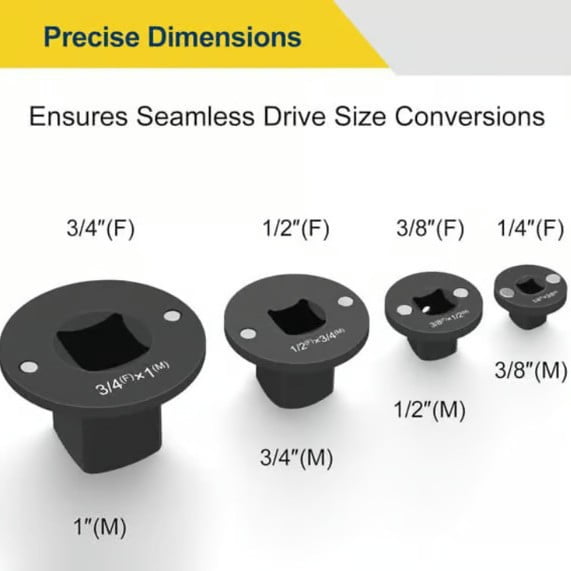 Professional 4-Piece Impact Socket Adapter and Reducer Set, Heavy-Duty Cr-Mo Steel Drive Size Converters for Impact Wrenches & Ratchets
