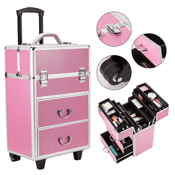 Professional 4-Tier Lockable Makeup Train Case with Extendable Trays, Pink - Organize & Secure Cosmetics On-The-Go