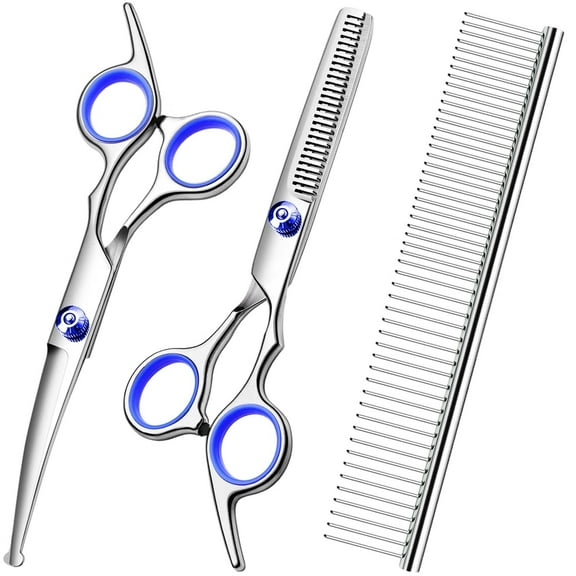 Professional 4 in1 Dog Grooming Scissors Kit, Titanium Coated Dog Scissors for Grooming, Grooming Shears Kit - Thinning, Curved Scissors and Comb for Dog Cat Pet