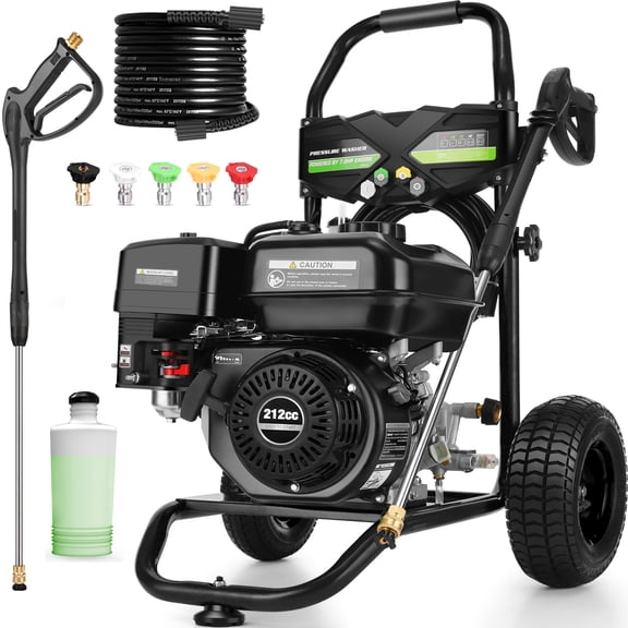 Professional 4200PSI 4GPM 212CC Gas Pressure Washer, 9" Wheels 25FT Hose 1000ML Foam Bottle 5 Nozzles 3600RPM 7.0HP Commercial/Household Gas Power Washer for Cleaning (EPA/CARB/ETL Compliant), Black