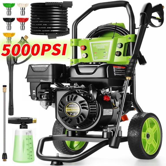 Professional 5000PSI 4GPM 209CC Gas Pressure Washer, 8" Wheels 25FT Hose 750ML Foam Bottle 5 Nozzles 3600RPM 7.0HP Commercial/Household Gas Power Washer for Cleaning (EPA/CARB/ET