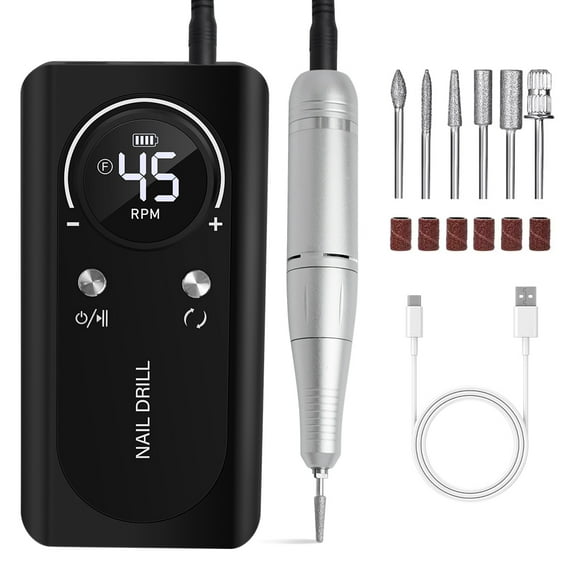 Professional 45000RPM Electric Portable Nail Drill Machine Rechargeable Low Noise Nail Sander File for Nails Manicure Salon Tool (V2-BK)