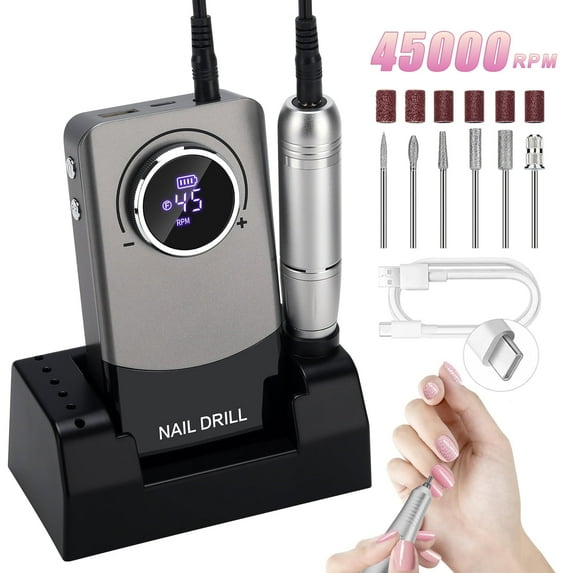 Professional 45000RPM Nail Drill Machine for Acrylic & Gel Nails, Rechargeable Electric Nail File with LCD Display, Low Noise, Portable E-File Tool